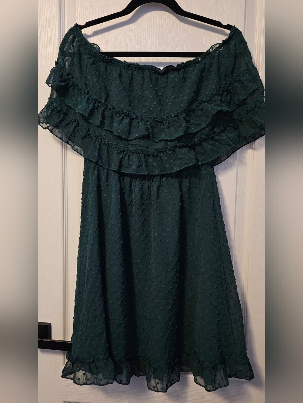 Off-Shoulder Dark Green Ruffle Mini Dress
